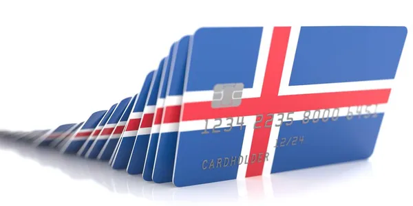 Beyaz arka planda İzlanda 'nın bayraklı kredi kartı hattı, 3D görüntüleme — Stok fotoğraf