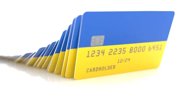 흰 배경에 우크라이나 국기가 걸려 있는 떨어진 신용 카드 줄 , 3d 렌더링 — 스톡 사진