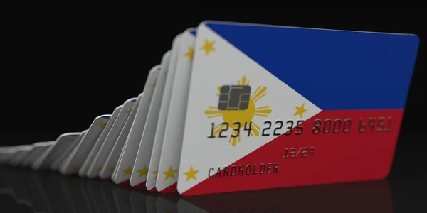 Caindo cartões de plástico com bandeira de Filipinas em fundo escuro, dados fictícios sobre maquetes de cartão. crise econômica conceitual 3d renderização — Fotografia de Stock