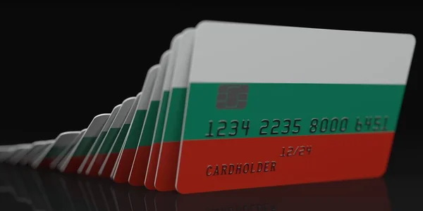 Falling plastic cards with flag of Bulgaria on dark background, fictional data on card mockups. Economic crisis conceptual 3d rendering