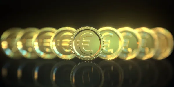 Symbole euro na złotych monetach na czarnym tle. Konceptualne renderowanie 3D — Zdjęcie stockowe