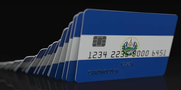 Efekt domina, spadające karty kredytowe z flagą Salwadoru, fikcyjne dane o makietach kart. Kryzys finansowy związany z utylizacją 3d — Zdjęcie stockowe