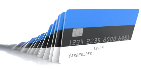 Line of fallen credit cards with flags of Estonia on white background, 3d rendering — Stock Photo, Image