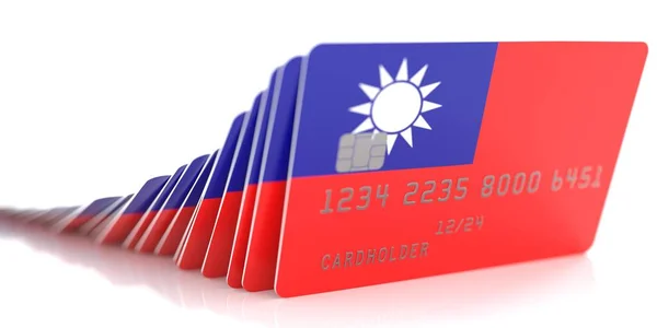 Линия падших кредитных карт с флагами Тайваня на белом фоне, 3D рендеринг — стоковое фото
