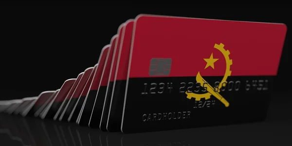 Domino effect, fallen credit cards with flags of Angola. Fictional data on card mockups. Banking collapse conceptual 3d rendering