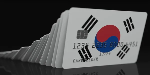 Domino effect, falling credit cards with flag of Korea, fictional data on card mockups. Financial crisis related 3d rendering