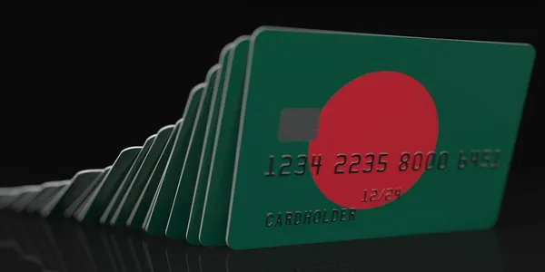 Effet domino, baisse des cartes de crédit avec drapeau du Bangladesh, données fictives sur les maquettes de cartes. Rendu 3d lié à la crise financière — Photo