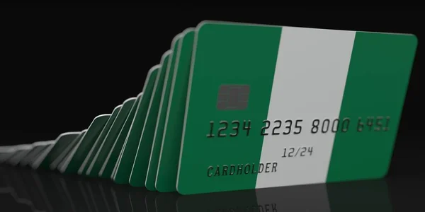 Domino effect, falling credit cards with flag of Nigeria, fictional data on card mockups. Financial crisis related 3d rendering