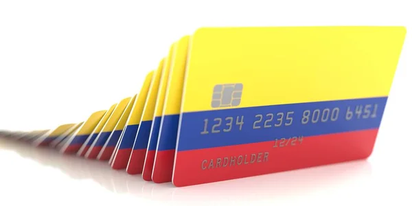 Řada padlých kreditních karet s vlajkami Kolumbie na bílém pozadí, 3D vykreslování — Stock fotografie