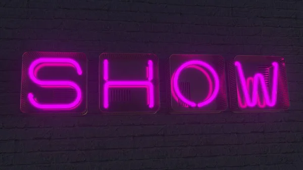 SHOW skylt gjord med glödande neonbokstäver i mörkret. 3D-rendering — Stockfoto