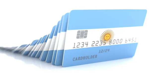 Domino effect met vallende creditcards met vlaggen van Argentinië. Conceptuele 3d-weergave — Stockfoto