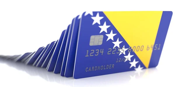 Effet domino avec chute des cartes de crédit avec drapeaux de Bosnie. Conceptuel rendu 3d — Photo