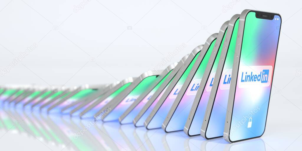 Domino effect, falling smartphones with logo. Conceptual editorial 3d