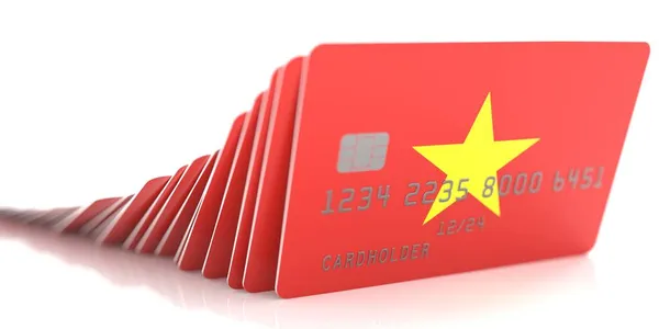 Domino αποτέλεσμα με την πτώση πιστωτικών καρτών με σημαίες του Βιετνάμ. Εννοιολογική 3d απόδοση — Φωτογραφία Αρχείου