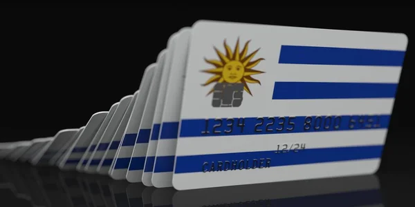 Effetto domino, carte di credito in calo con bandiera dell'Uruguay, dati fittizi sui modelli di carte. Rendering 3d connesso alla crisi finanziaria — Foto Stock