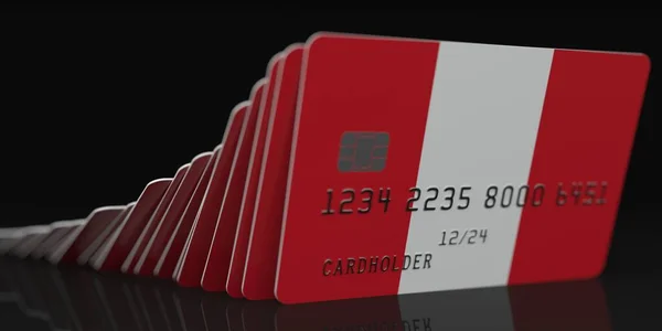 Domino efekt, padající kreditní karty s vlajkou Peru, fiktivní data na kartě mokups. Finanční krize související 3D vykreslování — Stock fotografie