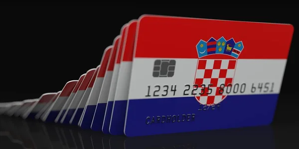 Efecto dominó, caída de tarjetas de crédito con bandera de Croacia, datos ficticios sobre maquetas de tarjetas. Renderizado 3d relacionado con la crisis financiera — Foto de Stock