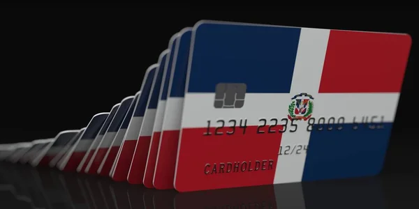 Efecto dominó, caída de tarjetas de crédito con bandera de la República Dominicana, datos ficticios sobre maquetas de tarjetas. Renderizado 3d relacionado con la crisis financiera — Foto de Stock