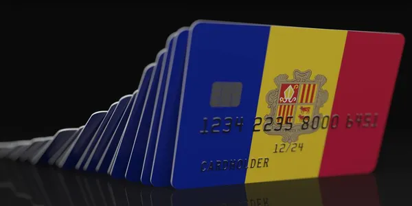 Cartões plásticos caindo com bandeira de Andorra em fundo escuro, dados fictícios sobre maquetes de cartão. crise econômica conceitual 3d renderização — Fotografia de Stock