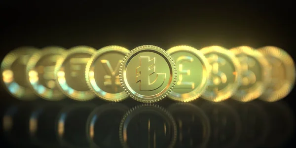 黒を背景に黄金のコイン上の他の通貨記号の間でトルコリラ。外国為替関連の概念3Dレンダリング — ストック写真