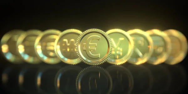 Euro y otros símbolos de moneda en monedas de oro sobre fondo negro. Renderizado 3D conceptual relacionado con Forex — Foto de Stock