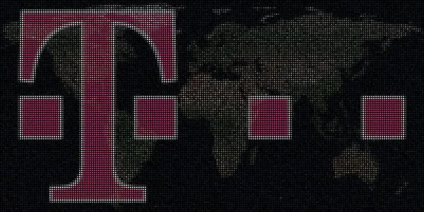 Mapa świata i logo DEUTSCHE TELEKOM wykonane z kropkami. Ilustracja — Zdjęcie stockowe