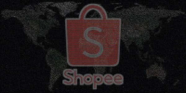 Wereldkaart en logo van SHOPEE gemaakt met stippen. Redactionele illustratie — Stockfoto