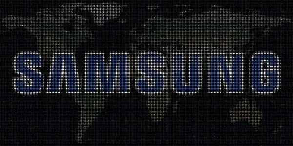 Logo de SAMSUNG hecho con puntos y el mapa del mundo. Ilustración conceptual editorial — Foto de Stock