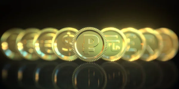 黒を背景に黄金のコインのルーブルやその他の通貨記号。外国為替関連の概念3Dレンダリング — ストック写真