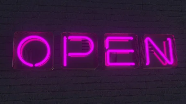 Nyílt rózsaszín tábla készült világító neon betűkkel a sötétben. 3D renderelés — Stock Fotó