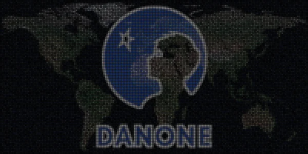 Wereldkaart en logo van DANONE gemaakt met stippen. Redactionele illustratie — Stockfoto