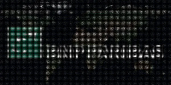 A BNP PARIBAS világtérképe és logója pontokkal. Szerkesztői illusztráció — Stock Fotó