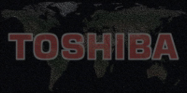 Карта мира и логотип TOSHIBA сделаны с точками. Редакционная иллюстрация — стоковое фото