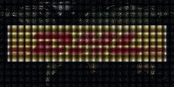 Mapa y logotipo de DHL hecho con puntos. Ilustración editorial, concepto de negocio global — Foto de Stock