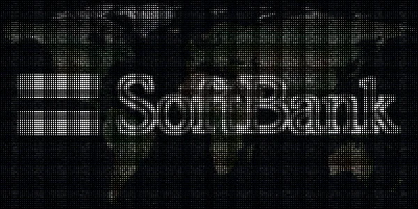 Wereldkaart en logo van SOFTBANK gemaakt met stippen. Redactionele illustratie — Stockfoto