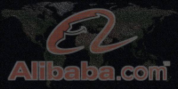 World map and logo of ALIBABA made with dots. Editorial illustration — Stock Photo, Image
