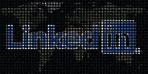 Карта і логотип LINKEDIN зроблені з крапок. Редакційна ілюстрація, глобальна бізнес-концепція — стокове фото