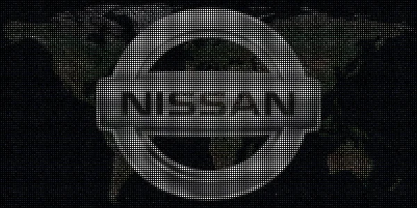 Logo van NISSAN gemaakt met stippen en de wereldkaart. Redactionele conceptuele illustratie — Stockfoto