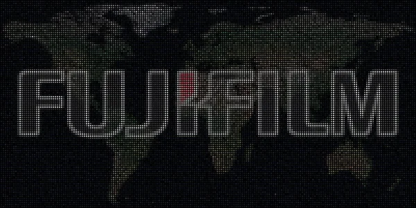 Wereldkaart en logo van FUJIFILM gemaakt met stippen. Redactionele illustratie — Stockfoto