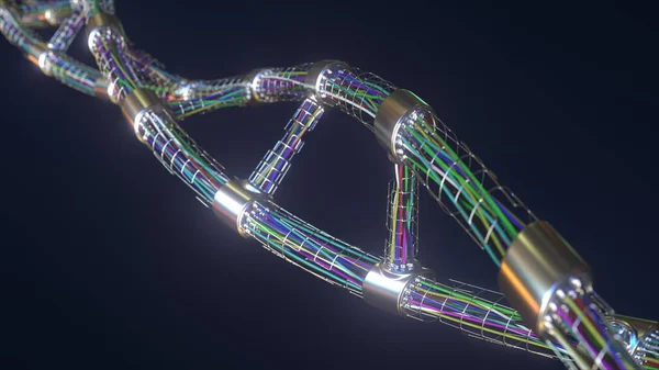 Molécule d'ADN haute technologie fabriquée avec de nombreux fils et fiches, microélectronique et rendu 3D lié à la biorobotique — Photo