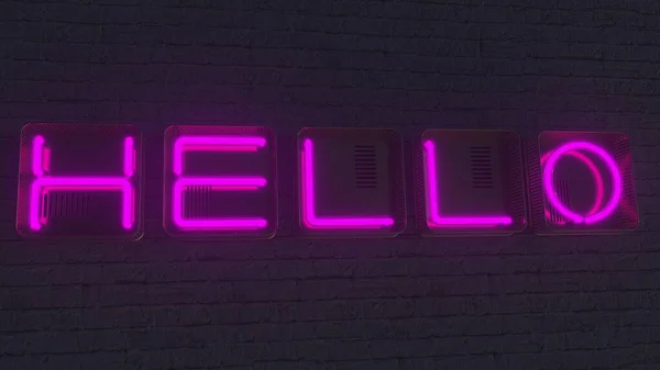 Tablica HELLO wykonana z świecących neonów w ciemności. Renderowanie 3D — Zdjęcie stockowe
