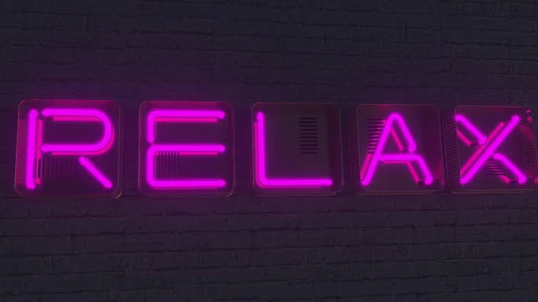 Letrero RELAX hecho con brillantes letras de neón en la oscuridad. Renderizado 3D —  Fotos de Stock