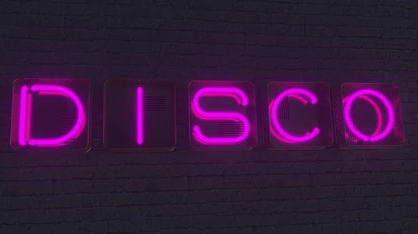 Tablica sygnalizacyjna DISCO wykonana z świecących neonów w ciemności. Renderowanie 3D — Zdjęcie stockowe