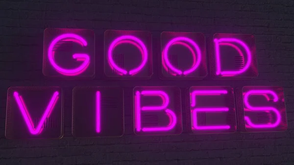 Tablica znamionowa GOOD VIBES wykonana z świecących fioletowych neonów w ciemności. Renderowanie 3D — Zdjęcie stockowe
