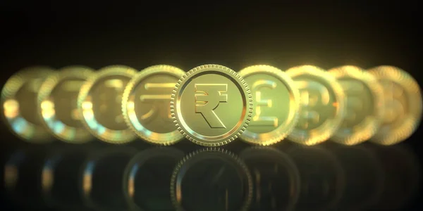黒を背景に黄金のコインにルピーやその他の通貨記号。外国為替関連の概念3Dレンダリング — ストック写真