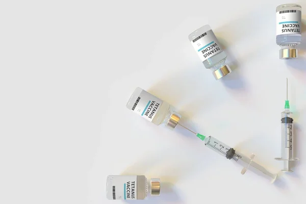 Zifferblatt aus Tetanus-Impfflaschen und Spritzen. Impfzeitkonzept. Konzeptionelles medizinisches 3D-Rendering — Stockfoto