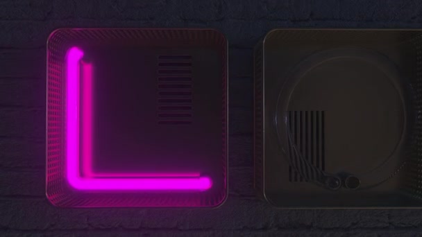 Placa de bloqueio feita com letras de néon brilhantes no escuro. Animação 3D — Vídeo de Stock