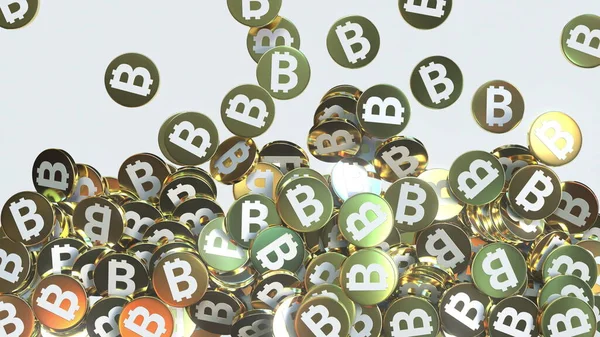 Caída de fichas o monedas de oro bitcoin, representación 3D —  Fotos de Stock