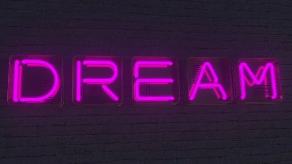 DREAM letrero hecho con brillantes letras de neón en la oscuridad. Renderizado 3D — Foto de Stock