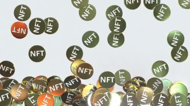 Vallende gouden NFT munten of munten, 3D animatie — Stockvideo